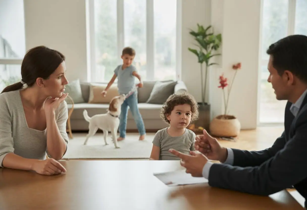 Wanneer bent u aansprakelijk voor schade door uw kinderen of huisdieren? Complete uitleg en verzekeringsregels 1 Een ouder praat met een verzekeringsagent terwijl een kind en een hond spelen in de woonkamer.