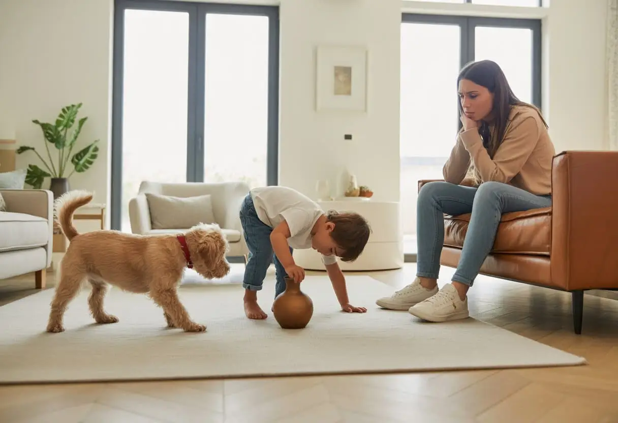 Wanneer bent u aansprakelijk voor schade door uw kinderen of huisdieren? Complete uitleg en verzekeringsregels 2 Ouder kijkt bezorgd naar een kind dat per ongeluk een vaas omstoot terwijl een hond nieuwsgierig toekijkt in een lichte woonkamer.