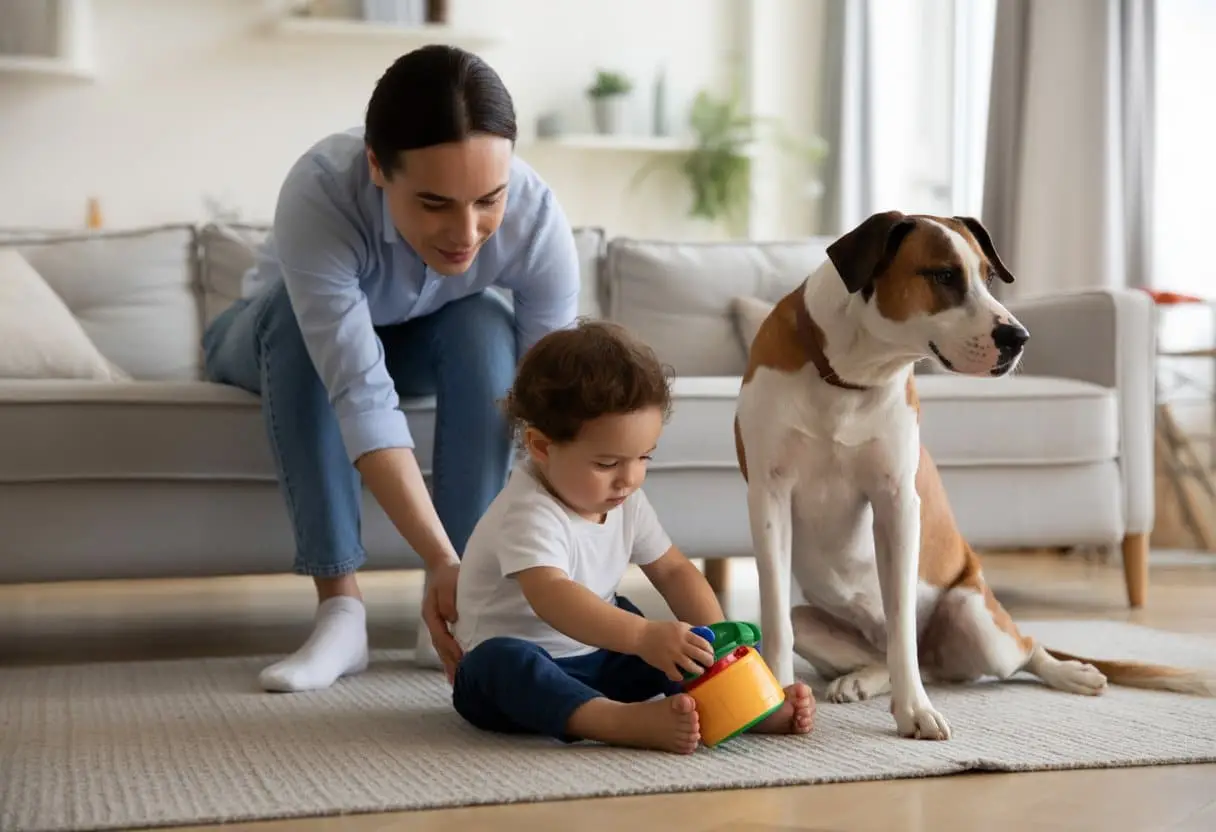 Wanneer bent u aansprakelijk voor schade door uw kinderen of huisdieren? Complete uitleg en verzekeringsregels 3 Een ouder met een kind en een hond in een nette en veilige woonkamer.