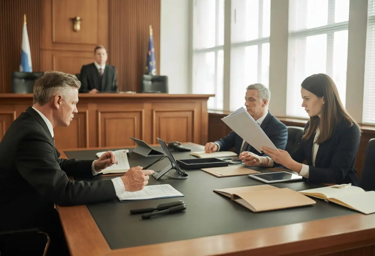 Een rechtbank met een rechter en advocaten die documenten bekijken tijdens een civiele rechtszaak.