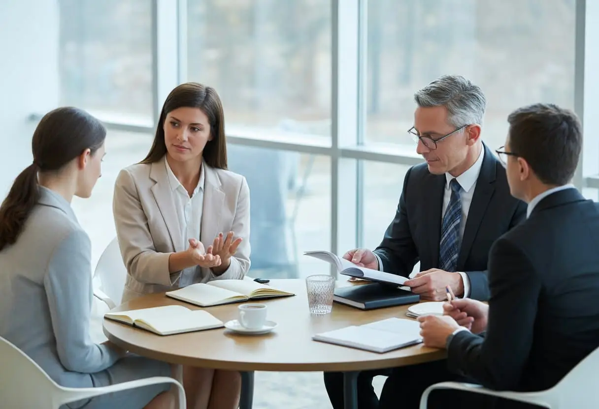 Twee groepen zakelijke mensen in een kantoor, aan de ene kant een bemiddelaar die een gesprek begeleidt, aan de andere kant een arbiter die documenten bekijkt met twee anderen.