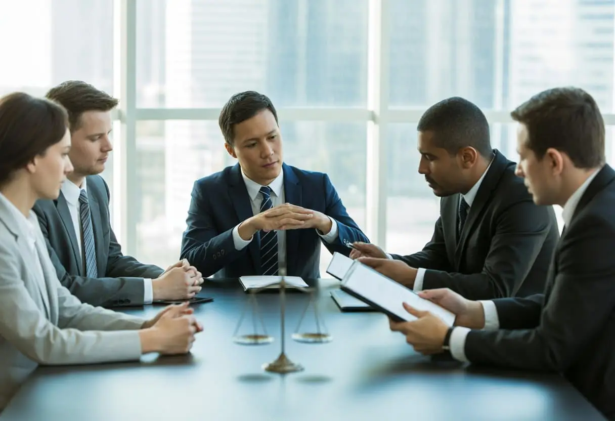 Een groep zakelijke professionals zit rond een vergadertafel en bespreekt rustig zakelijke conflicten, met documenten en een balans op tafel.
