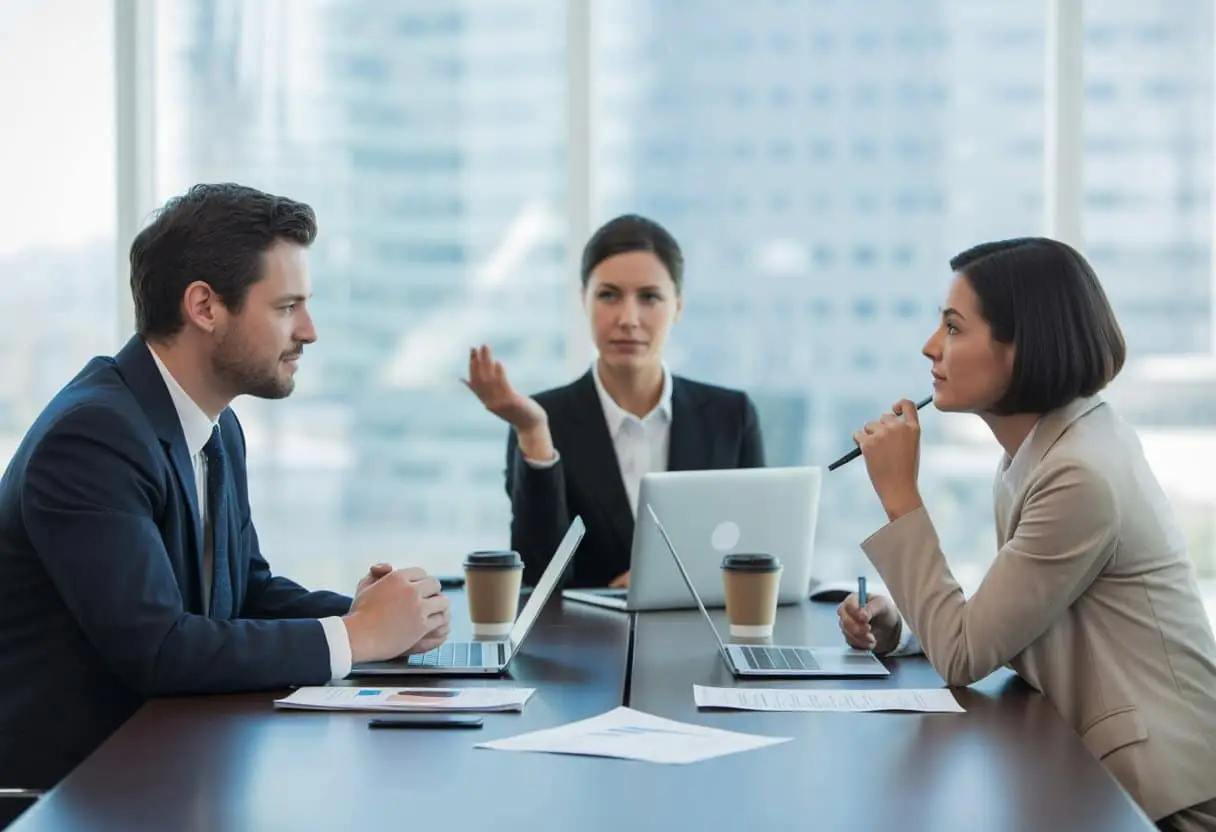 Drie zakelijke professionals zitten aan een tafel in een kantoor en voeren een bemiddelingsgesprek.