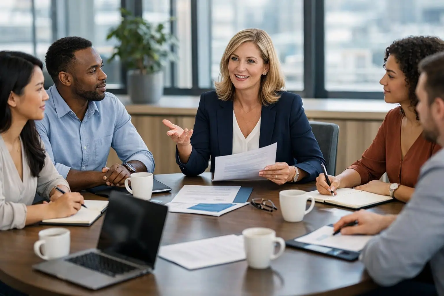 Hoe werkt de transitievergoeding bij flexibele arbeidsovereenkomsten? Uitleg & Berekening 2026 2 Een groep werknemers en een HR-manager bespreken flexibele arbeidsovereenkomsten in een kantoorruimte.