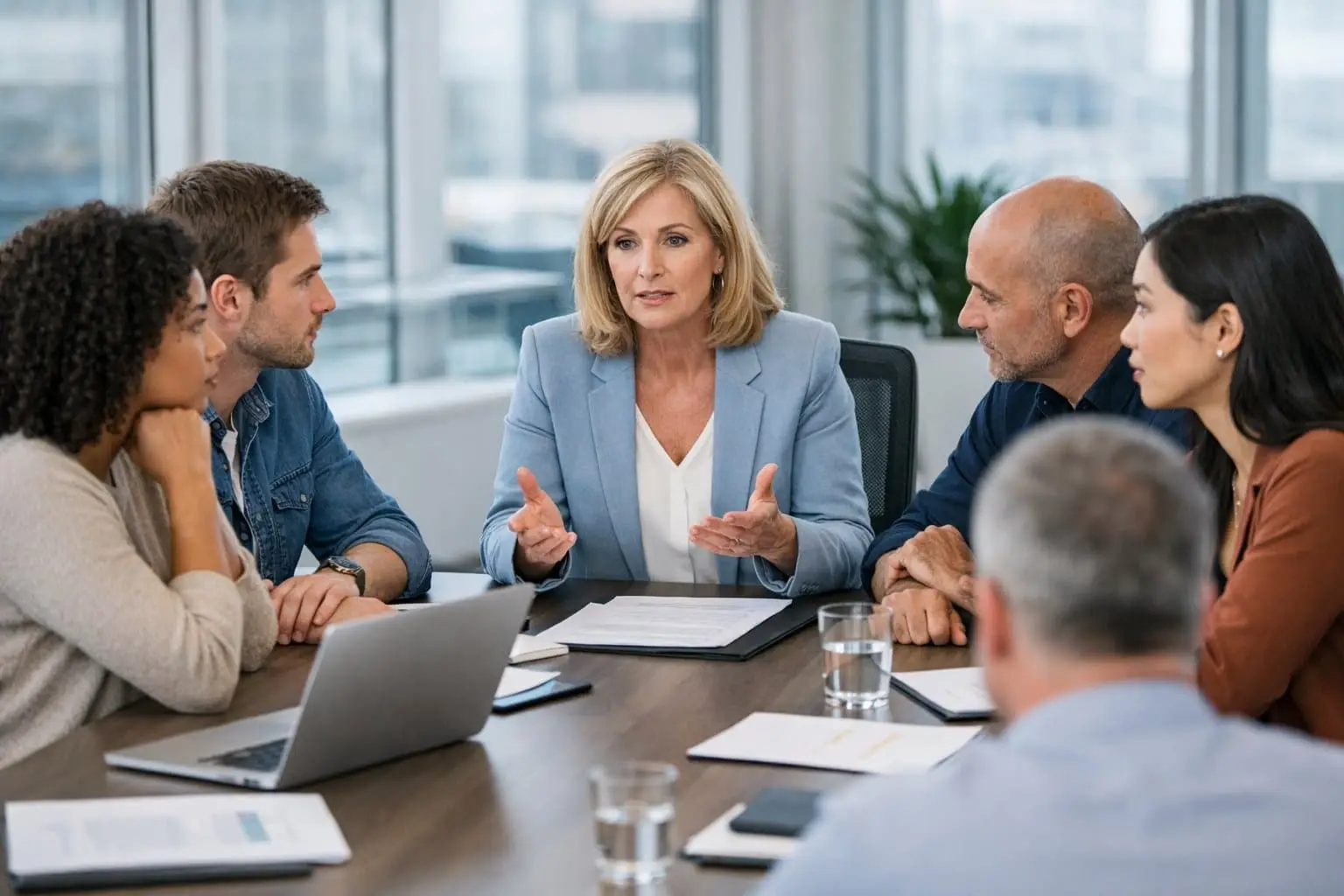 Een groep werknemers en een HR-manager in een kantoor die een serieus gesprek voeren over rechten bij reorganisatie of bedrijfssluiting.