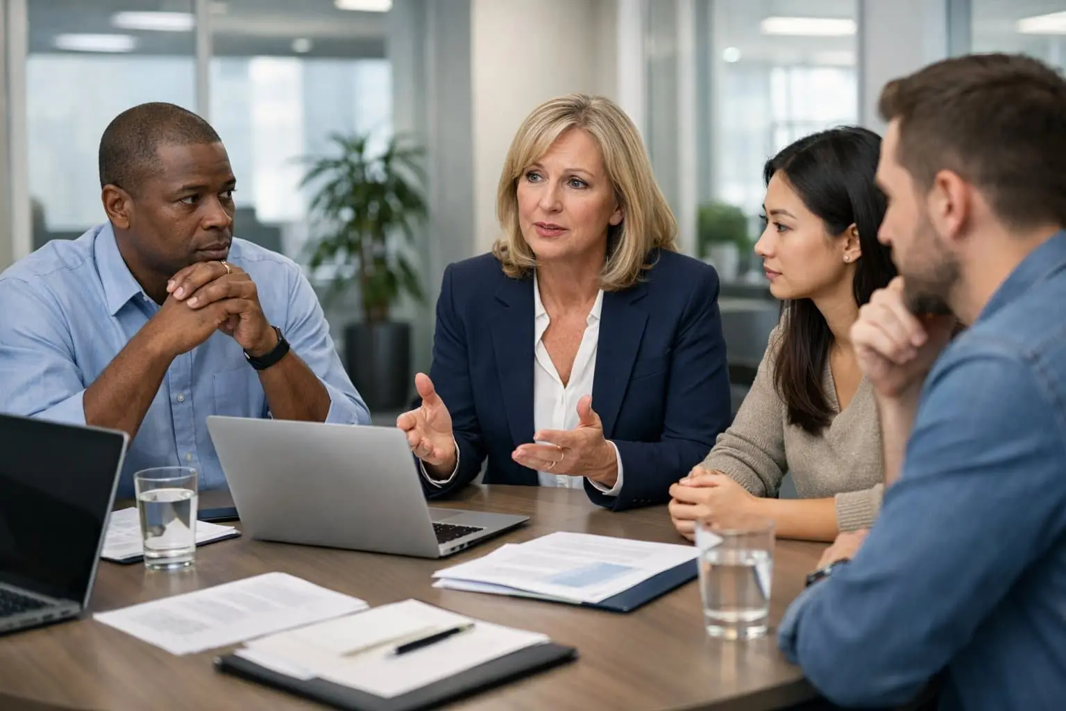 Een diverse groep werknemers in een kantoor die een serieus gesprek voert met een HR-manager aan een tafel.