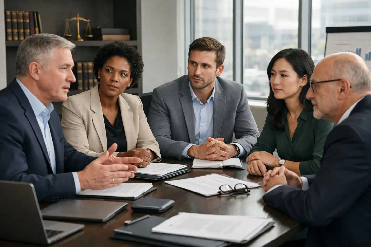 Een groep werknemers en managers in een kantoor die een serieus gesprek voeren over rechten bij reorganisatie.