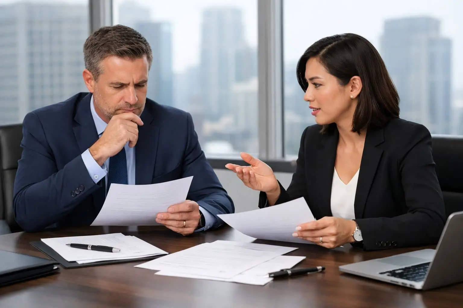 Twee zakelijke professionals bespreken contracten aan een vergadertafel in een kantoor met uitzicht op de stad.