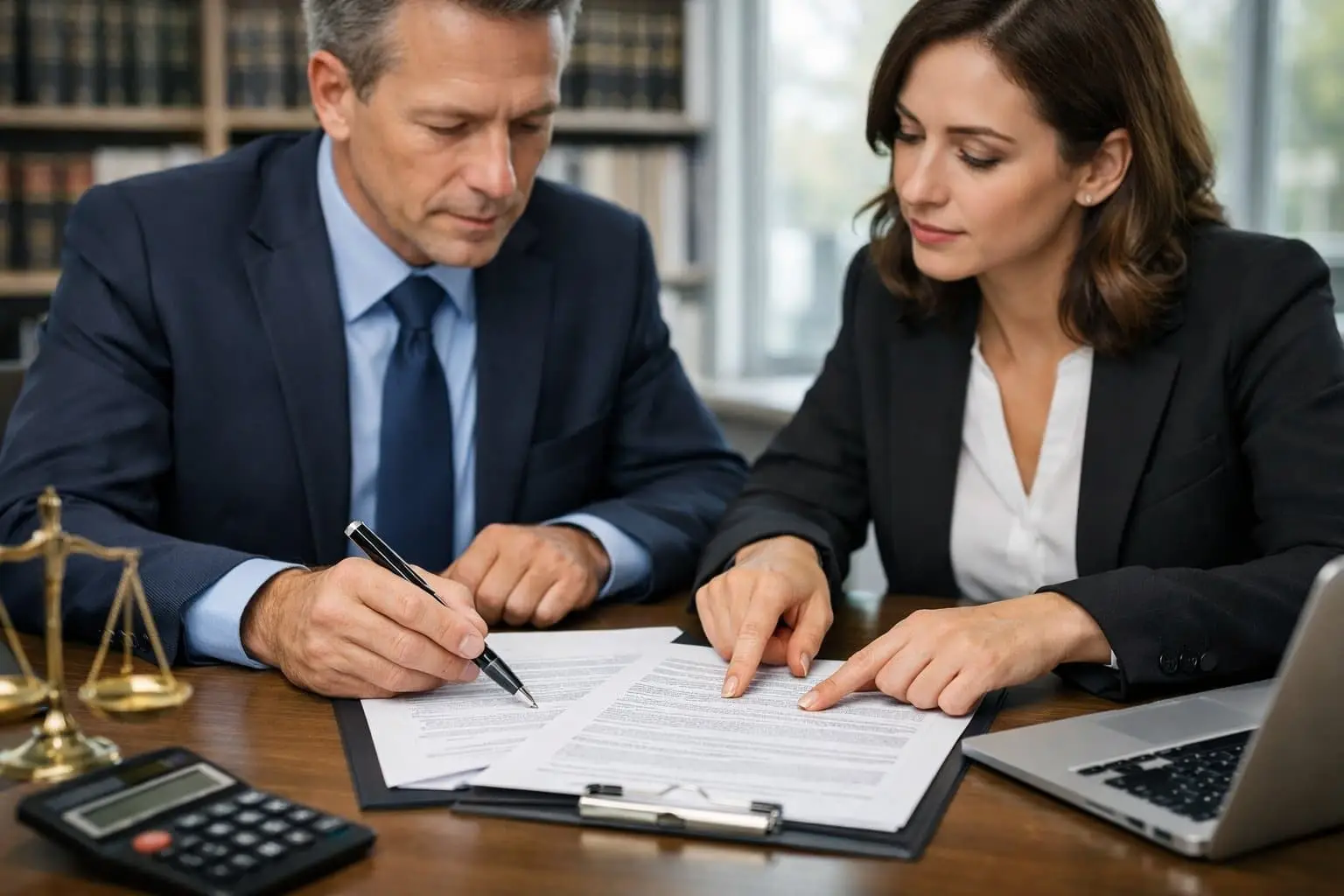 Twee zakelijke professionals bespreken een contract aan een tafel in een kantooromgeving.