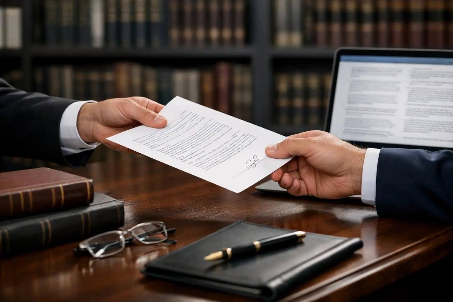 Twee zakenmensen die een contract uitwisselen in een kantoor met juridische boeken op de achtergrond.