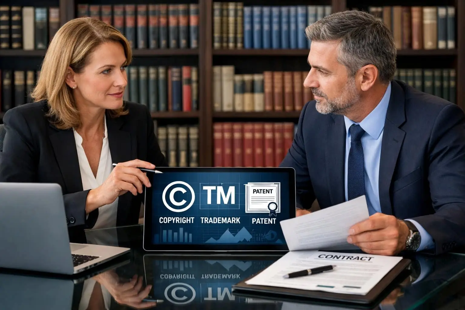 Twee zakelijke professionals bespreken intellectuele eigendom in een moderne kantooromgeving met documenten en digitale apparaten op tafel.
