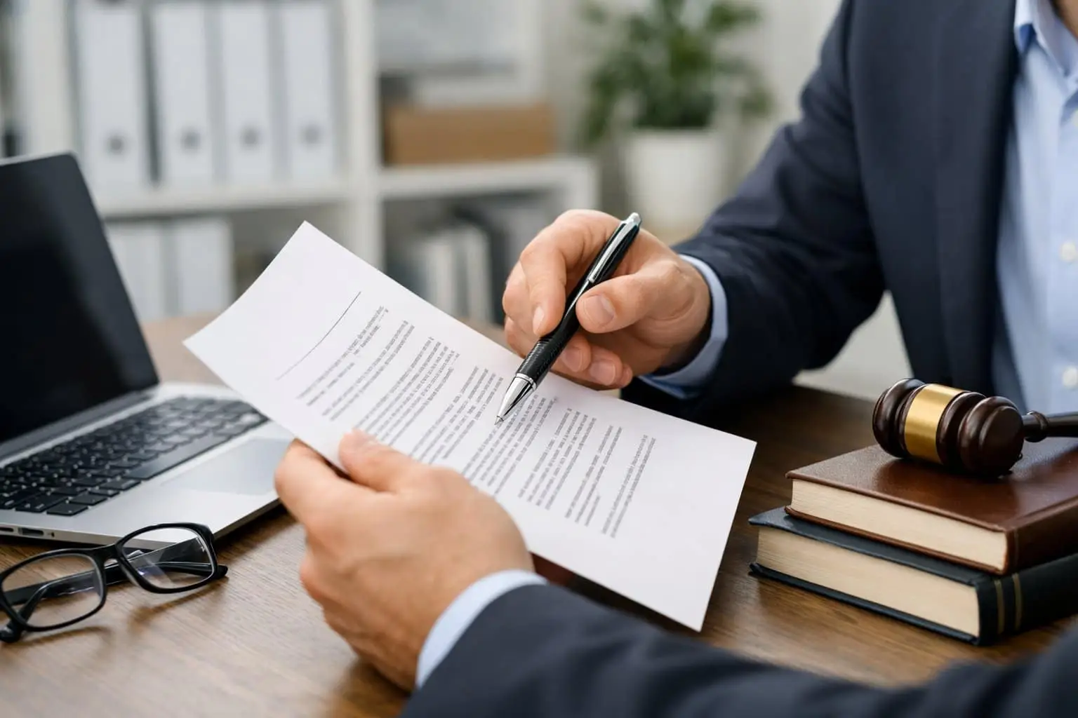 Twee zakelijke professionals bekijken samen een contract in een kantooromgeving.