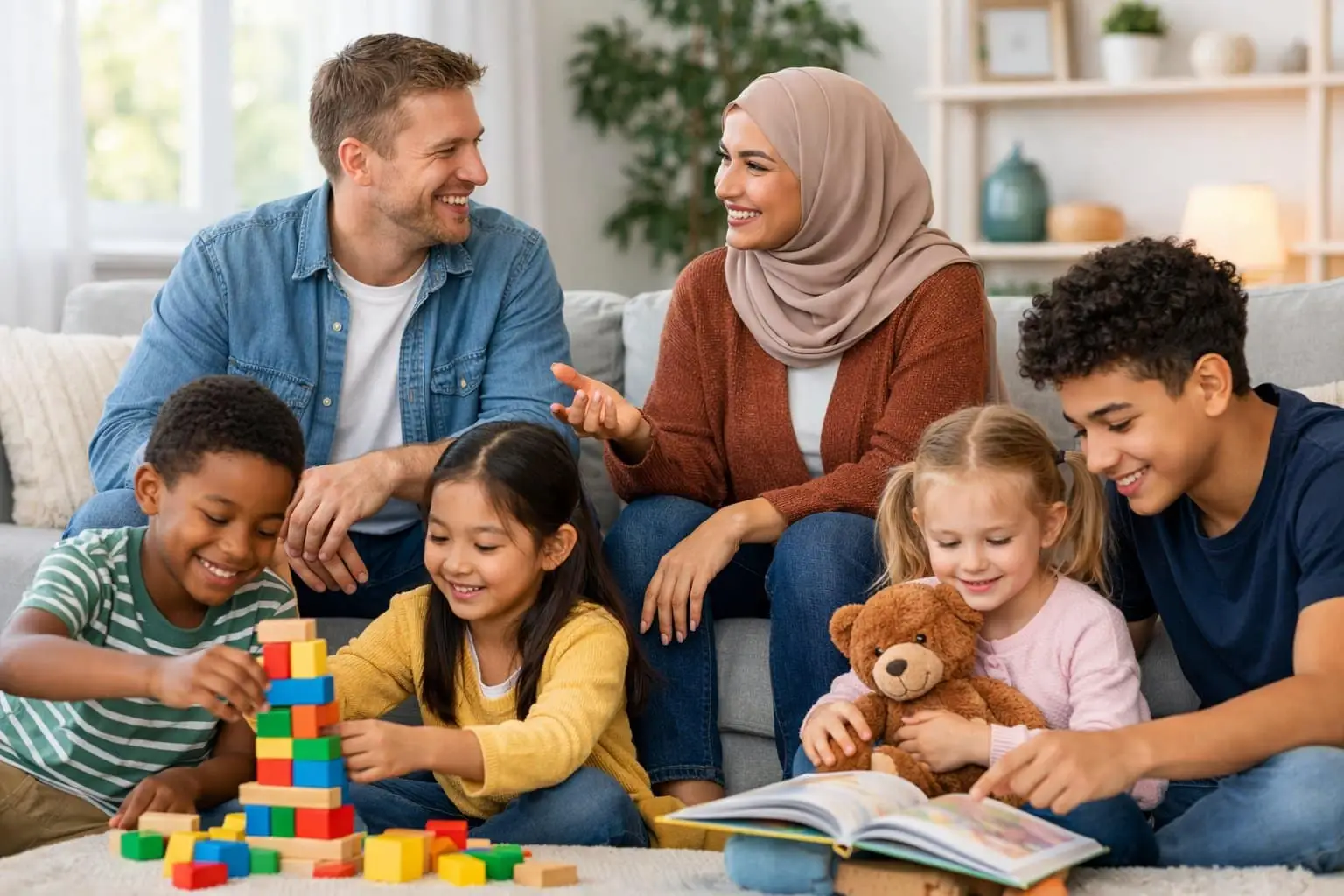 Twee volwassenen van verschillende culturele achtergronden die samen met kinderen in een huiselijke omgeving tijd doorbrengen.