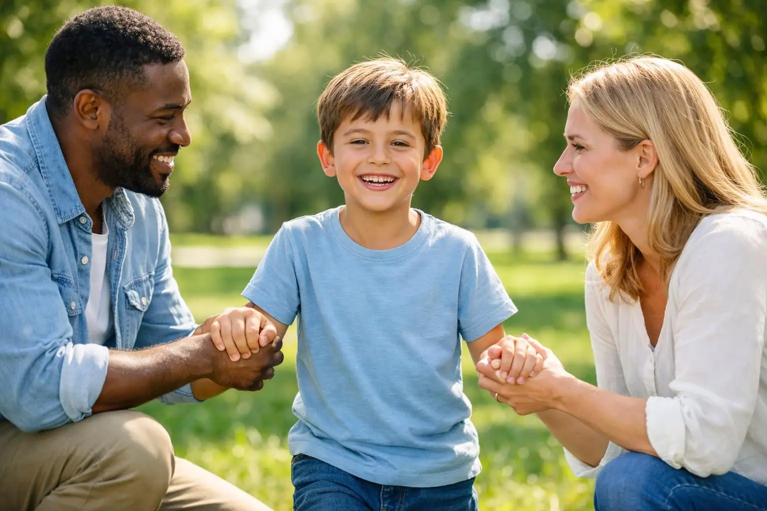 Een gelukkig kind dat hand in hand loopt met twee volwassenen van verschillende afkomst in een zonnig park.