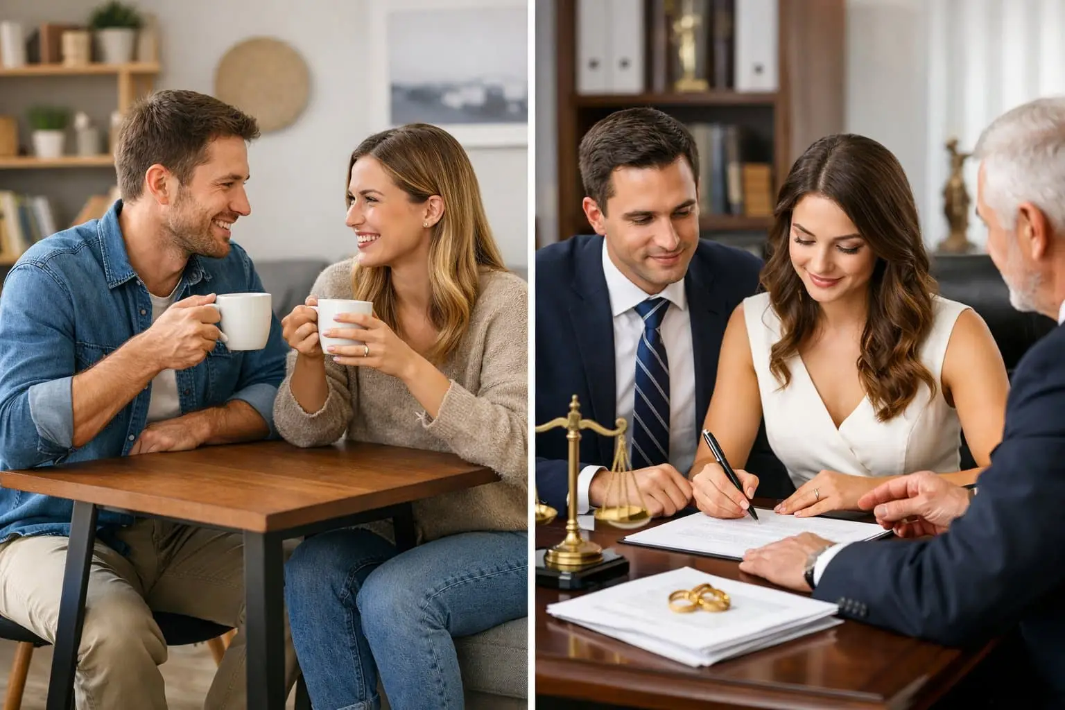 Partneralimentatie na samenwonen vs. huwelijk: alle belangrijke verschillen 1 Twee scènes naast elkaar: een samenwonend stel in een huiselijke omgeving en een getrouwd stel in een formele kantooromgeving met documenten.