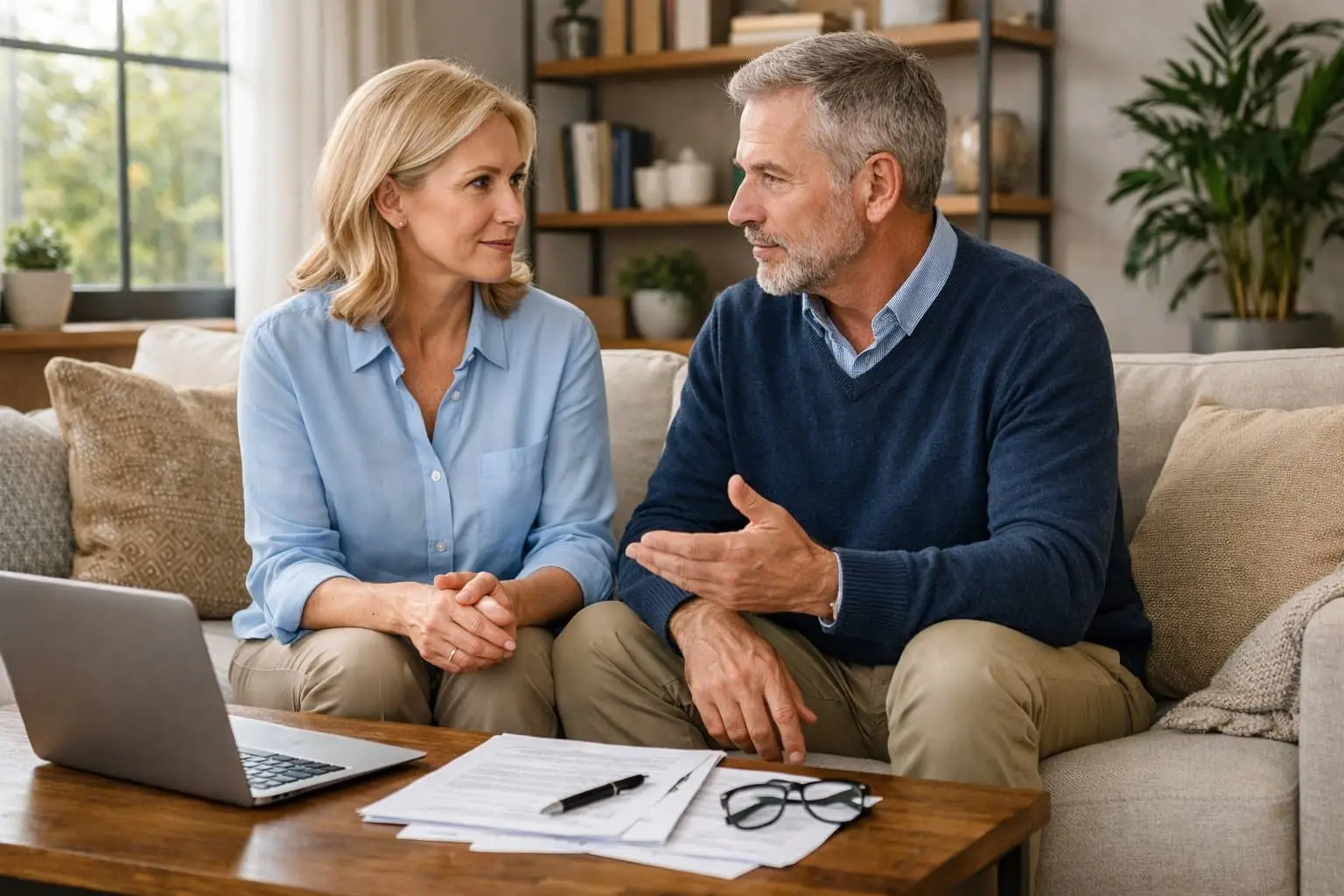 Partneralimentatie na samenwonen vs. huwelijk: alle belangrijke verschillen 2 Een volwassen stel zit samen in een woonkamer en bespreekt documenten op een tafel.