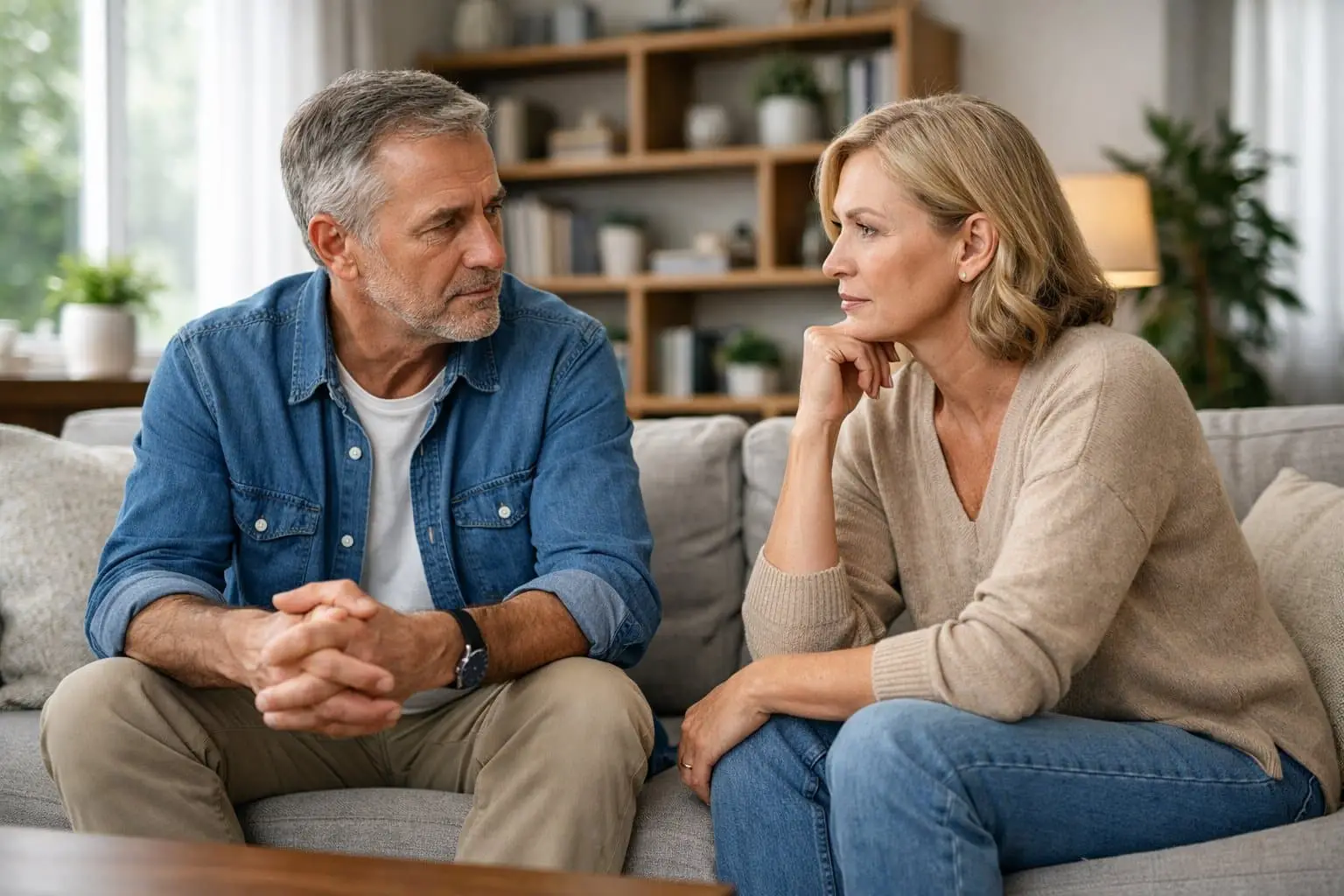 Partneralimentatie na samenwonen vs. huwelijk: alle belangrijke verschillen 3 Een volwassen stel zit samen in een woonkamer en voert een serieus gesprek.
