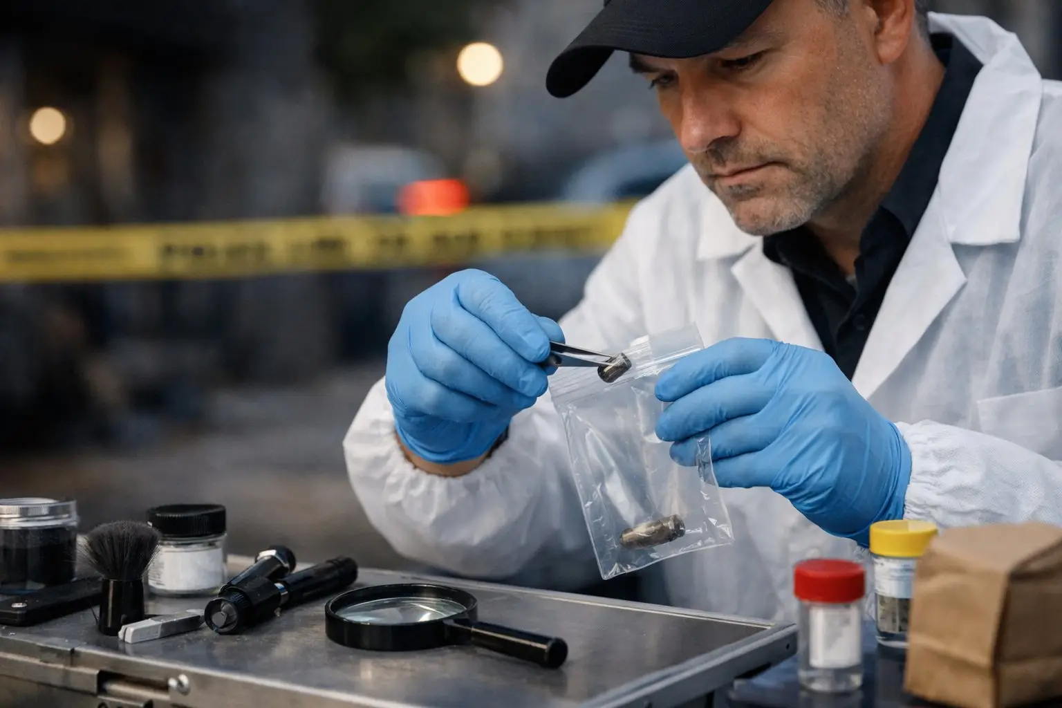 Een forensisch onderzoeker verzamelt bewijsmateriaal bij een plaats delict, met handschoenen en een labjas, omringd door forensische gereedschappen en politieafzetlint.