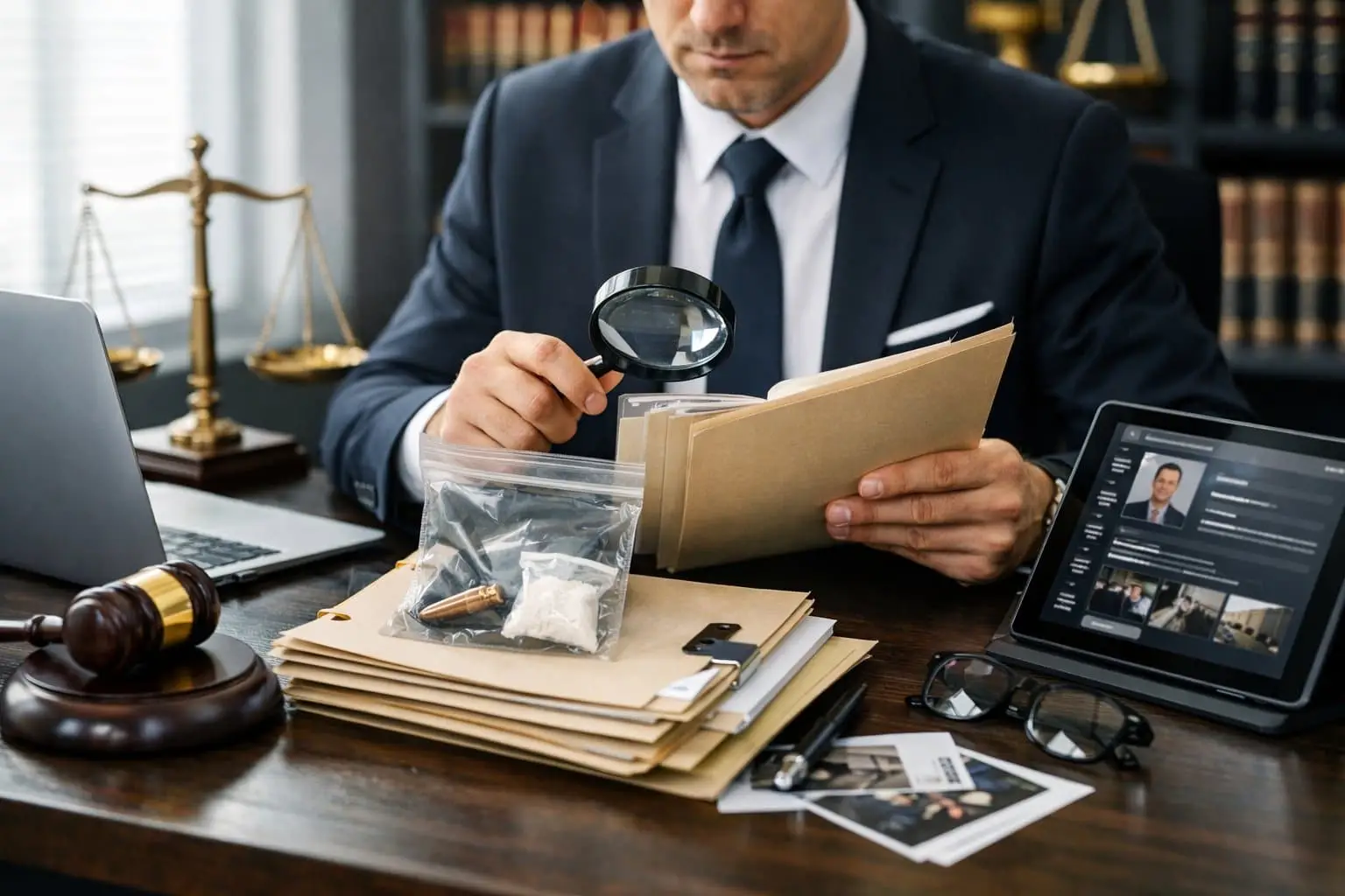 Een juridische professional bekijkt documenten en bewijsmateriaal in een kantooromgeving met rechtsboeken en juridische symbolen.