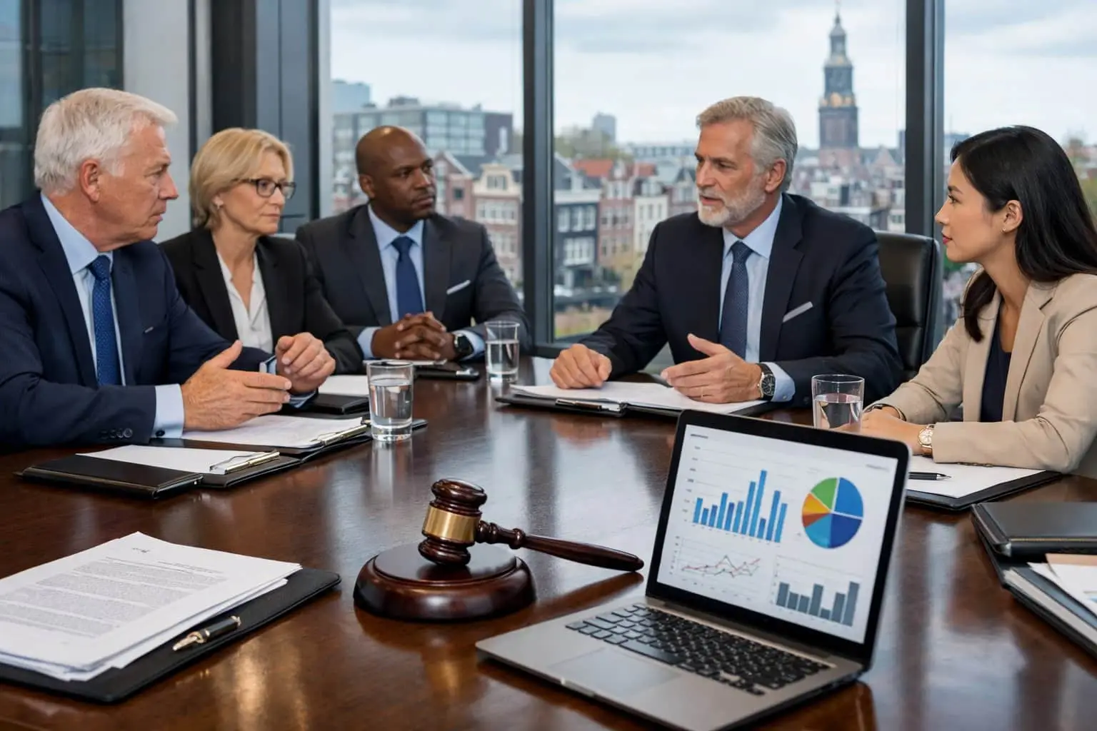 Een groep bestuurders bespreekt juridische documenten tijdens een vergadering in een kantoor met uitzicht op een Nederlandse stad.