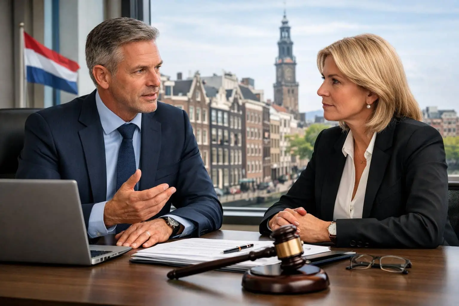 Twee zakelijke professionals bespreken juridische documenten in een modern kantoor met uitzicht op een Nederlandse stad.