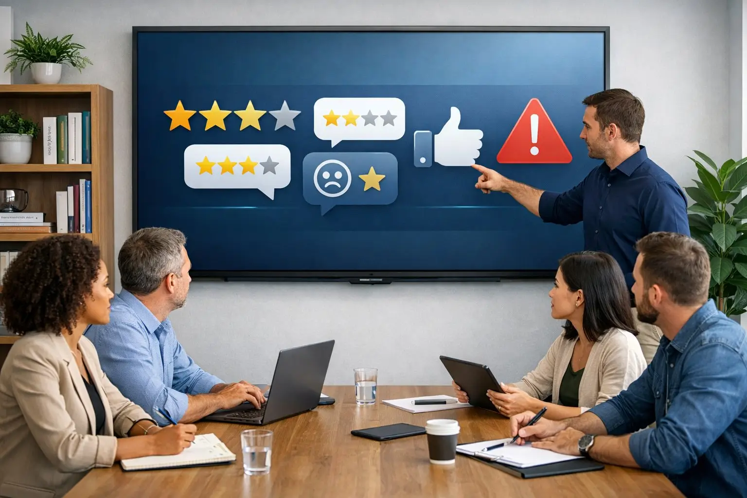 Online reviews: wat is toegestaan en wat is smaad? – Juridisch inzicht 2 Een groep mensen in een vergaderruimte bespreekt online beoordelingen met een digitaal scherm op de achtergrond.