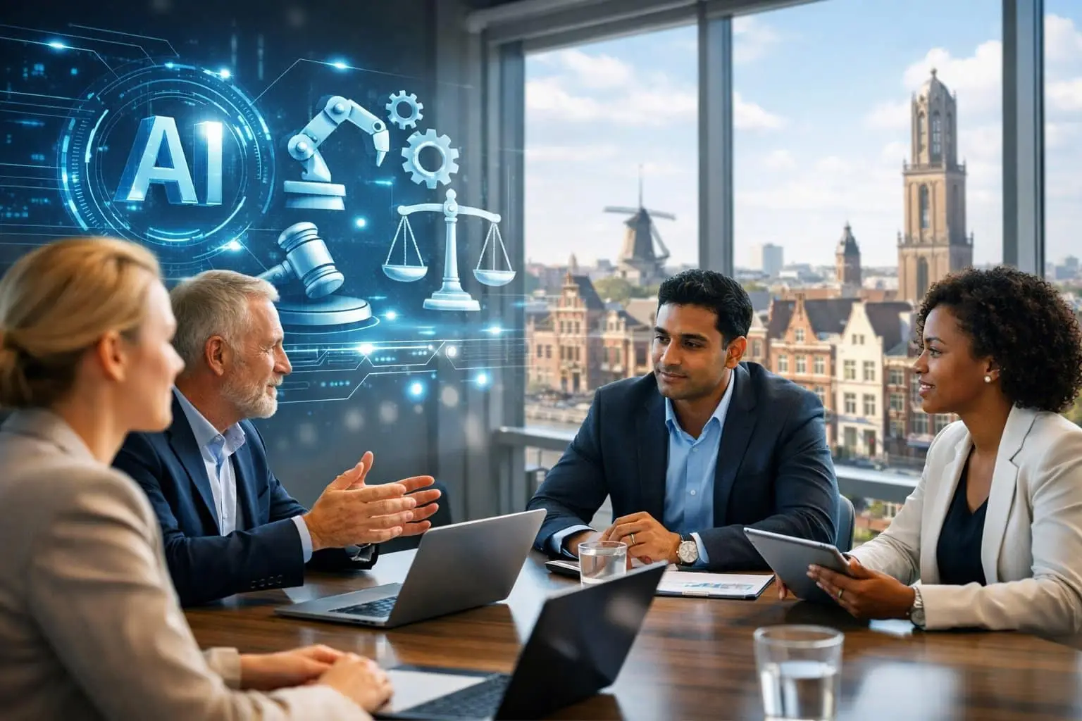 Een groep professionals bespreekt in een modern kantoor met digitale AI- en juridische symbolen zichtbaar op een holografisch scherm.