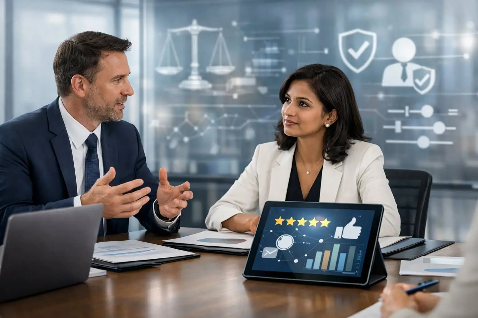 Online reviews: wat is toegestaan en wat is smaad? – Juridisch inzicht 3 Een groep professionals in een kantoor bespreekt online reviews en wettelijke regels, met laptops en documenten op een vergadertafel.