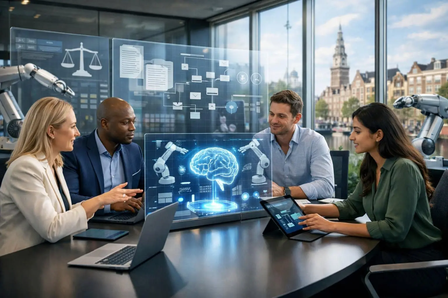 Een moderne kantoorruimte met diverse professionals die samenwerken rondom een tafel met digitale apparaten en schermen waarop AI- en automatiseringsgegevens te zien zijn.