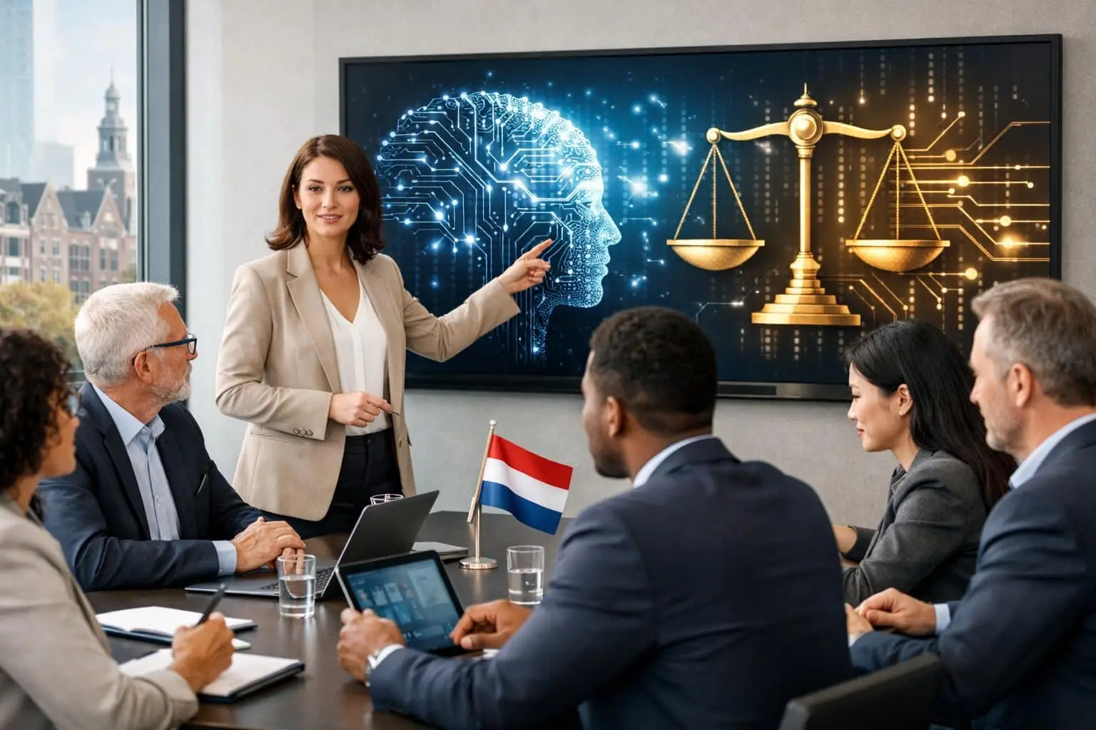 Een groep professionals bespreekt AI en arbeidsrecht in een moderne kantooromgeving met een digitaal scherm en Nederlandse elementen.