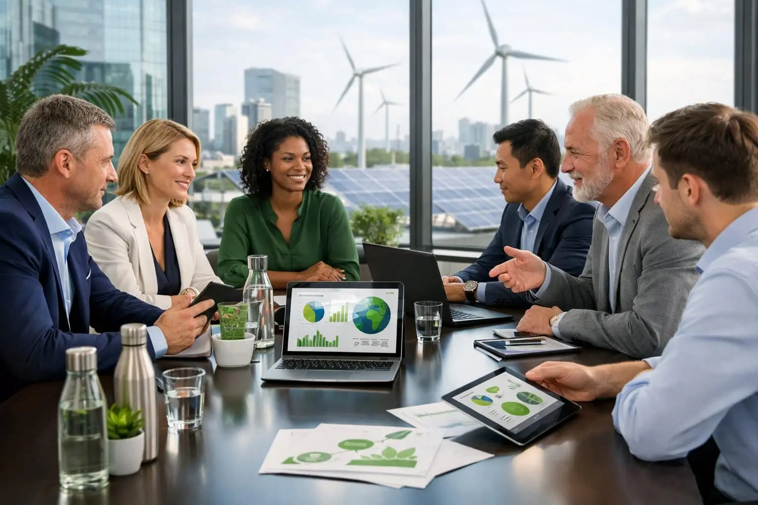 Een groep zakelijke professionals in een moderne vergaderruimte bespreekt duurzaamheid en regelgeving, met uitzicht op windmolens en zonnepanelen buiten.