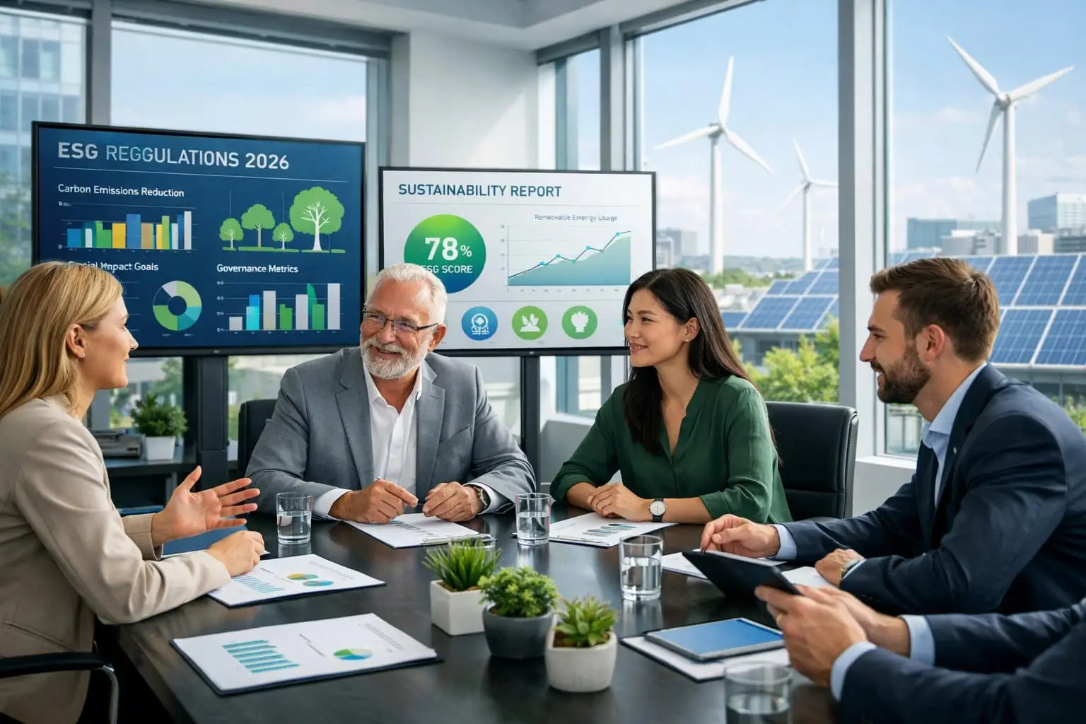 Een groep zakelijke professionals bespreekt ESG-regelgeving in een modern kantoor met uitzicht op een stad met windmolens en zonnepanelen.