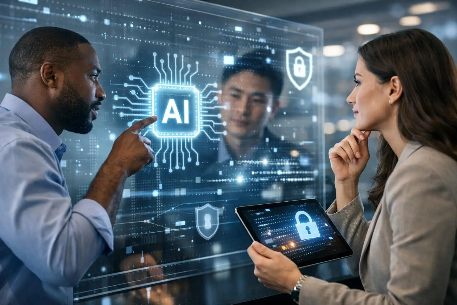 Een groep professionals werkt samen rond een digitaal scherm met gegevens en beveiligingssymbolen in een modern kantoor.