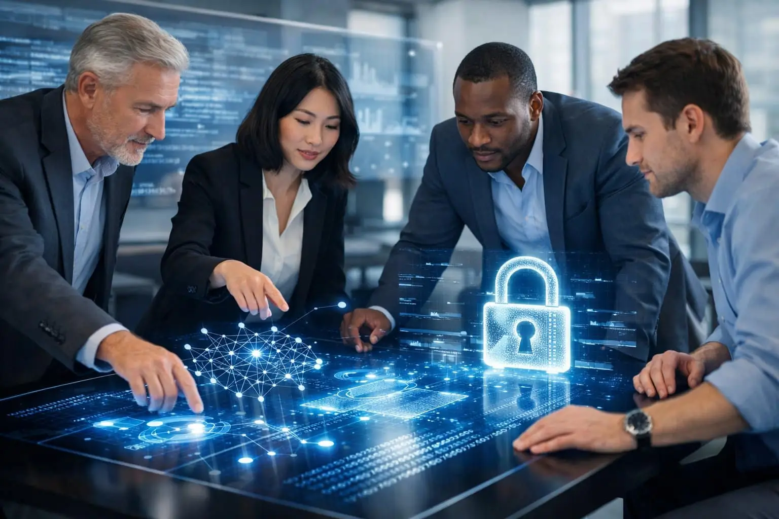 Een groep professionals werkt samen rond een digitale tafel met holografische datavisualisaties over AI en gegevensbescherming in een modern kantoor.