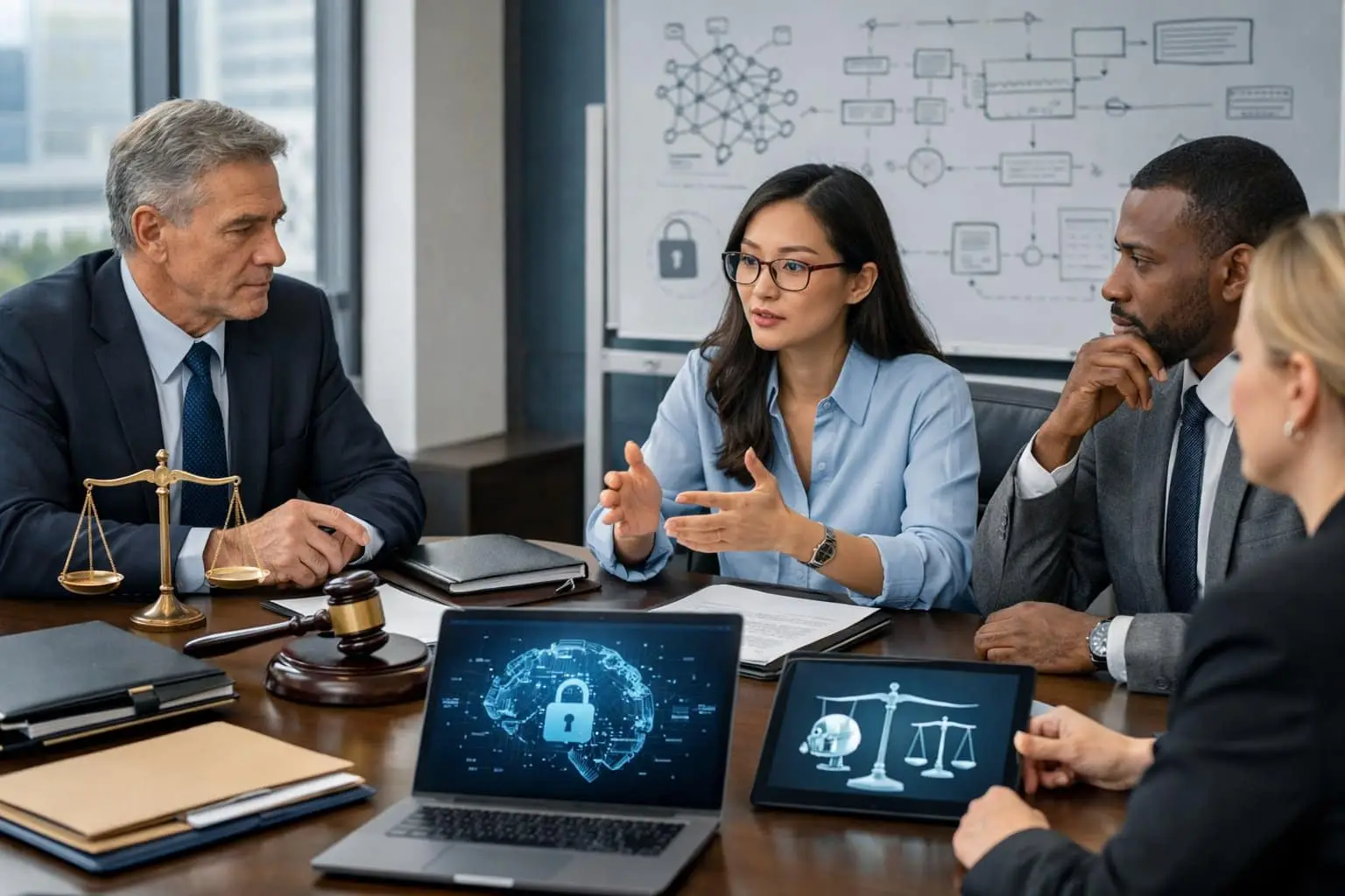 Juridische risico’s bij het gebruik van AI-tools in je bedrijf: Complete gids voor compliance en bescherming 1 Een groep zakelijke professionals bespreekt juridische risico’s bij het gebruik van AI-tools in een moderne kantooromgeving.