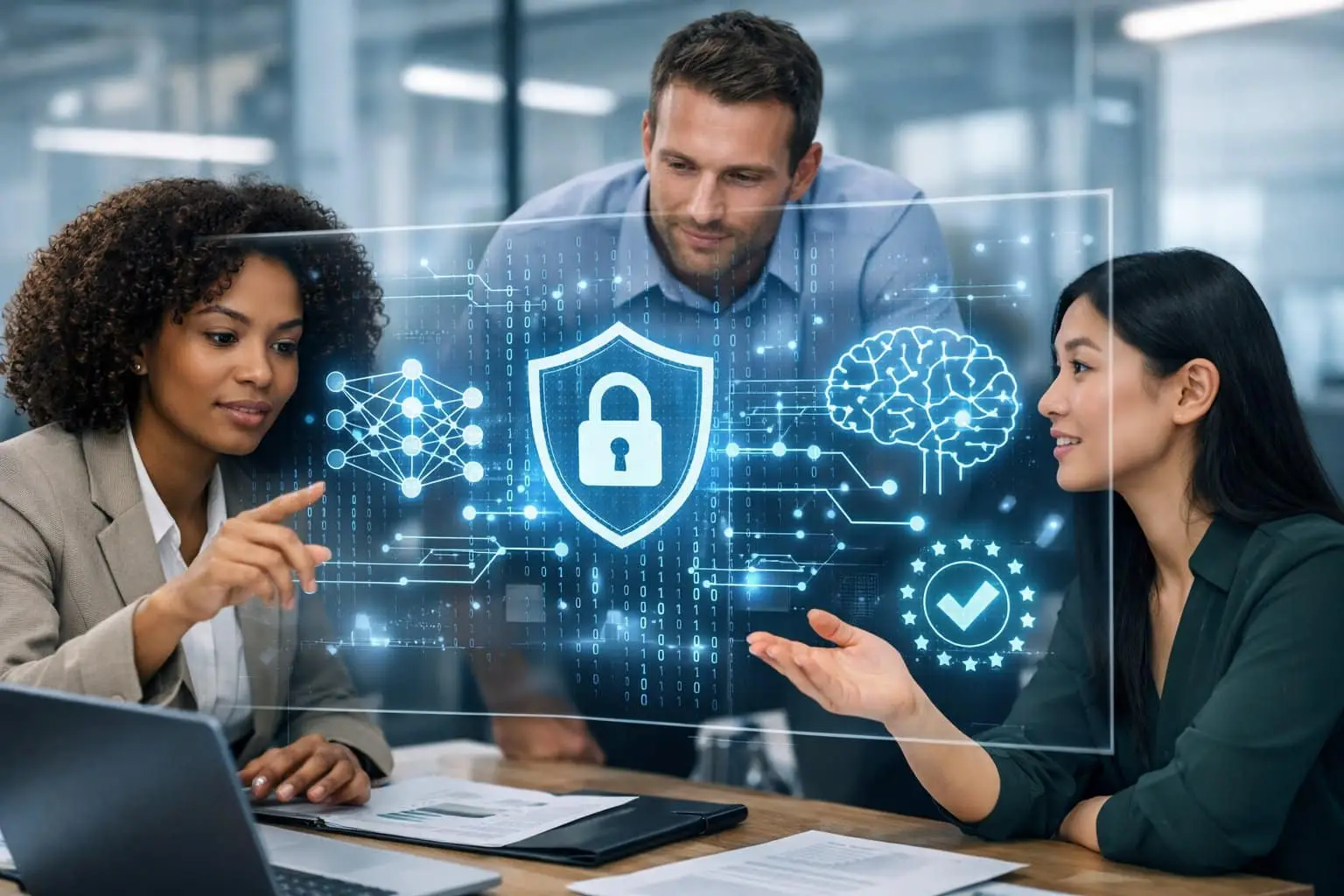 Een groep professionals werkt samen rond een transparant digitaal scherm met gegevens en AI-symbolen in een moderne kantooromgeving.