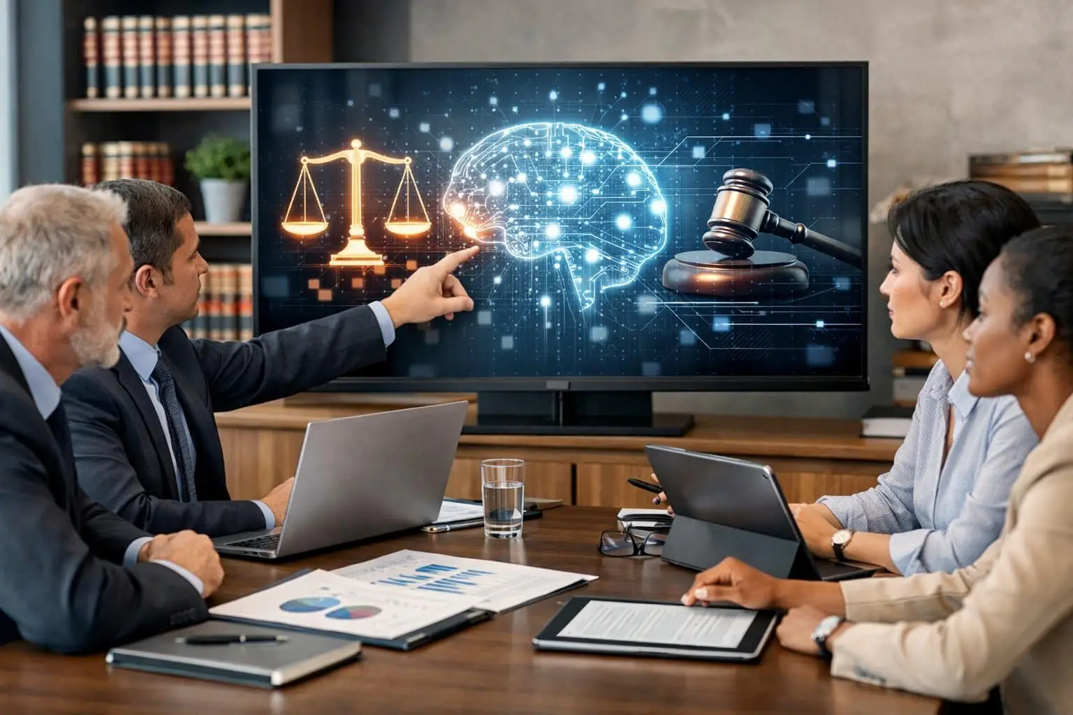 Juridische risico’s bij het gebruik van AI-tools in je bedrijf: Complete gids voor compliance en bescherming 2 Een groep zakelijke professionals bespreekt juridische risico’s van AI-tools in een moderne kantooromgeving.