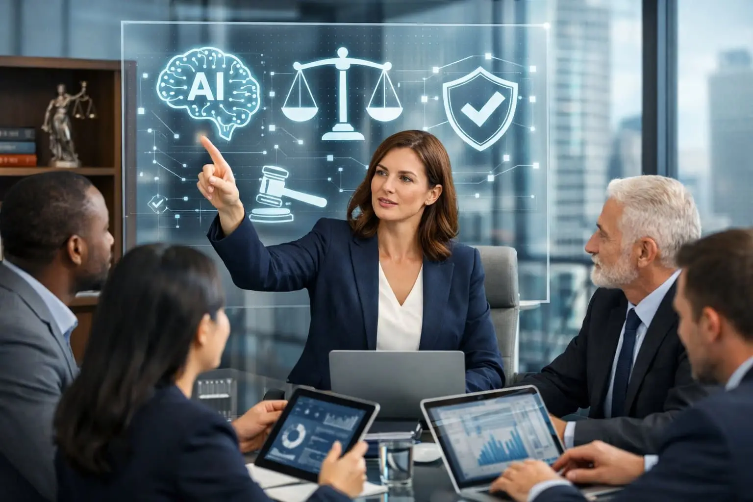 Juridische risico’s bij het gebruik van AI-tools in je bedrijf: Complete gids voor compliance en bescherming 3 Een groep zakelijke professionals bespreekt AI-compliance en juridische risico’s in een modern kantoor.