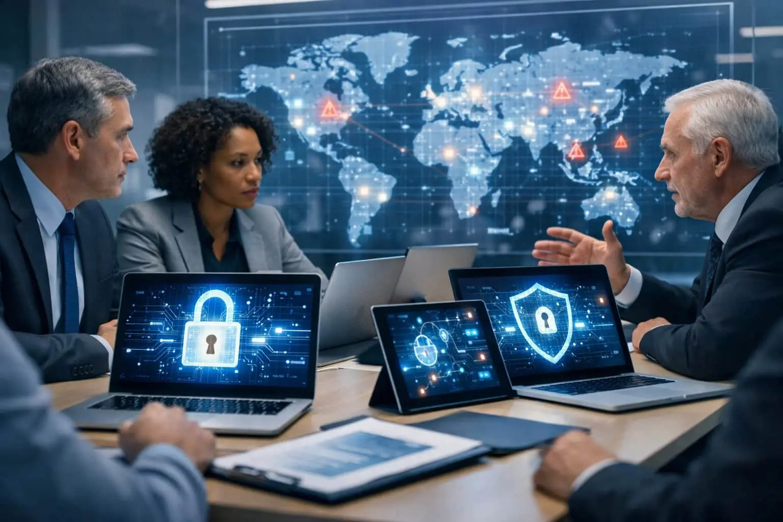 Cybersecurity en aansprakelijkheid: wie is verantwoordelijk bij een datalek? 1 Een groep zakelijke professionals bespreekt cybersecurity en aansprakelijkheid rond een vergadertafel met digitale beveiligingsbeelden op schermen.