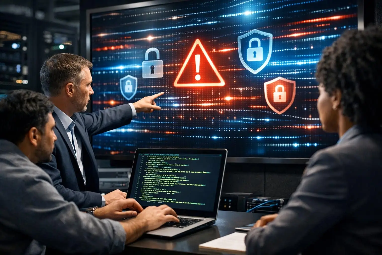 Cybersecurity en aansprakelijkheid: wie is verantwoordelijk bij een datalek? 2 Een groep professionals werkt samen in een kantoorruimte met een digitaal scherm waarop gegevens en beveiligingssymbolen te zien zijn.
