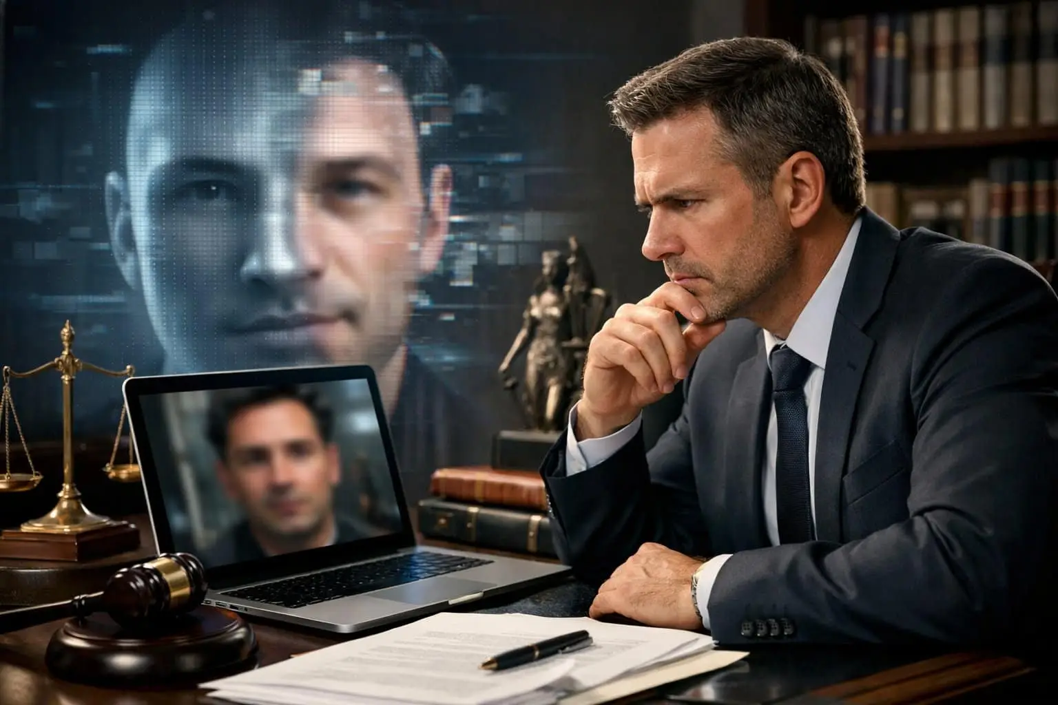 Een mannelijke advocaat zit aan een bureau met juridische documenten en een laptop waarop een vervormde video te zien is, met op de achtergrond een gedeeltelijk vervormd gezicht als hologram.