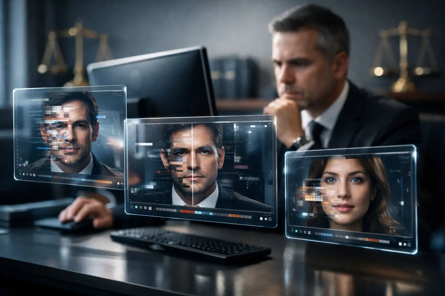 Een moderne kantooromgeving met een jurist die digitale gezichten en videobeelden analyseert op meerdere schermen.