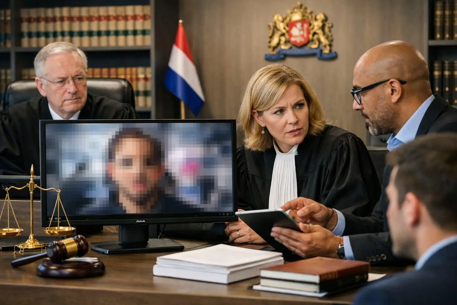 Een rechtszaal met een rechter, advocaat en expert die een vervalste video op een computerscherm bekijken.