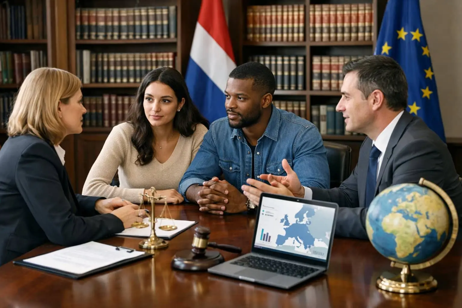 Juridische aspecten van draagmoederschap in Nederland en Europa 2 Een groep professionals bespreekt juridische documenten in een moderne kantooromgeving met boekenplanken en vlaggen van Nederland en de Europese Unie op de achtergrond.