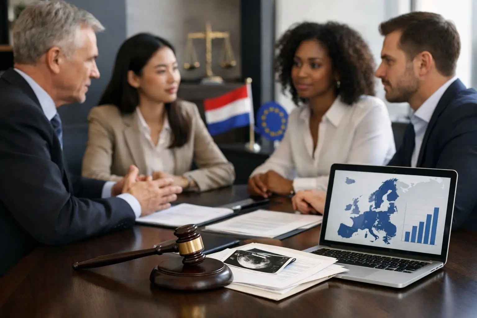 Juridische aspecten van draagmoederschap in Nederland en Europa 3 Een groep professionals in een moderne kantoorruimte bespreekt juridische documenten over draagmoederschap in Nederland en Europa.