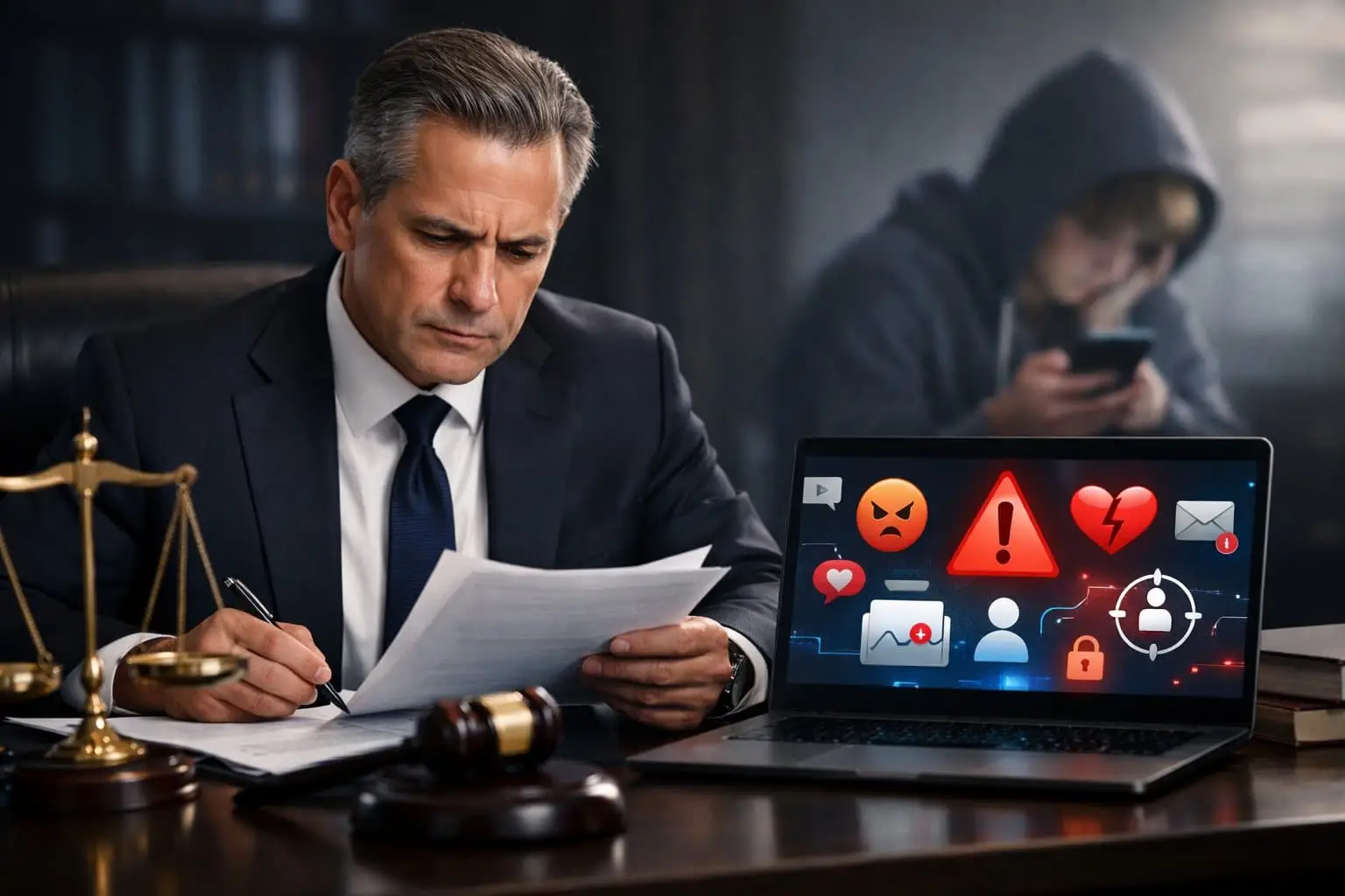 Een advocaat zit aan een bureau met documenten en een laptop, terwijl op de achtergrond een persoon bezorgd naar een smartphone kijkt.