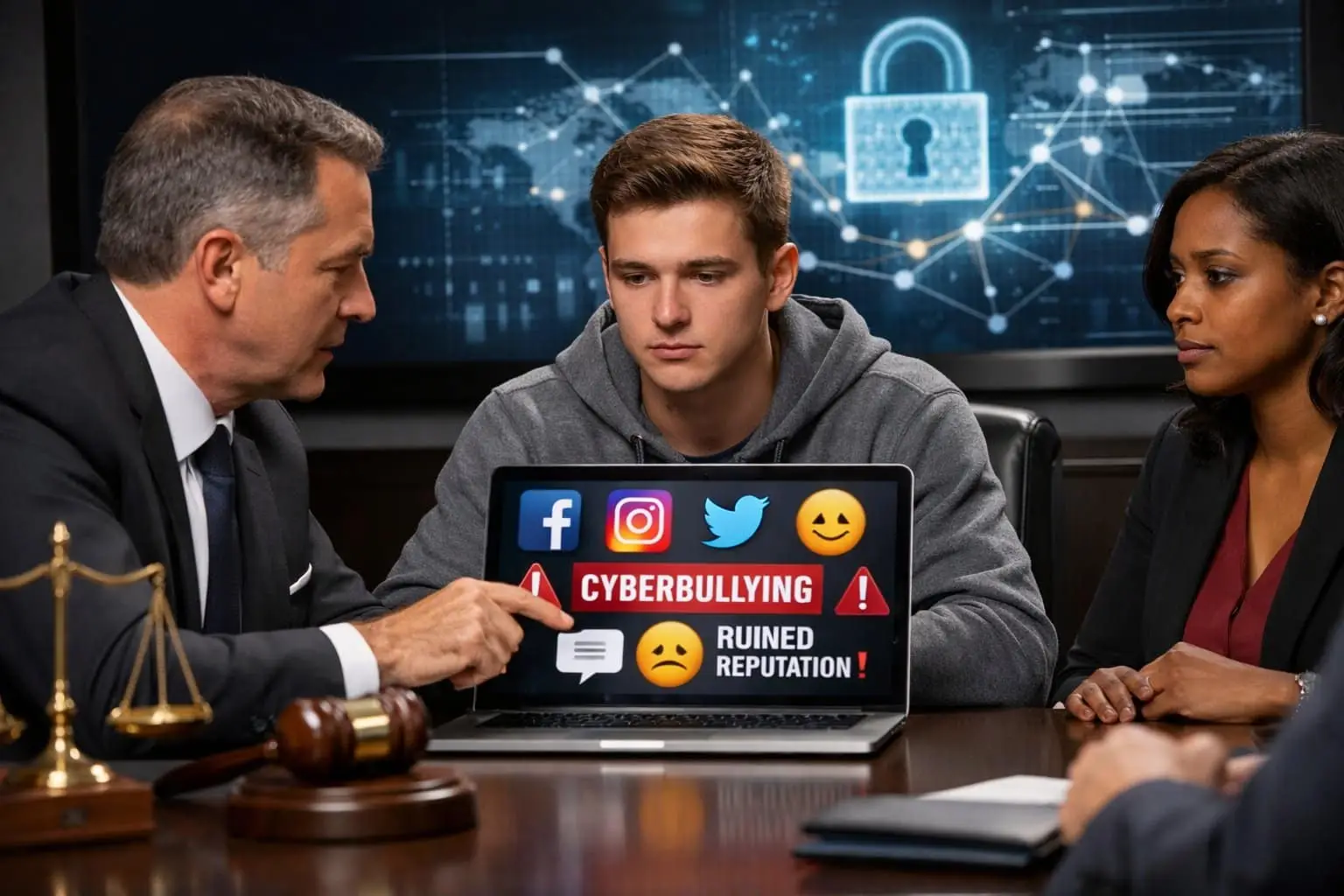 Een advocaat bespreekt digitale bewijsstukken met een jonge volwassene in een kantooromgeving.