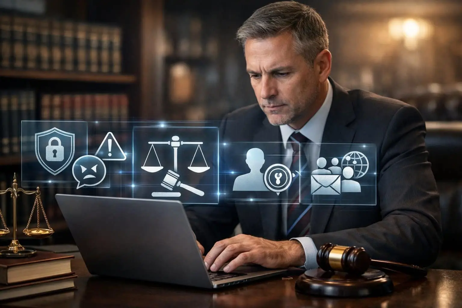 Een juridische professional die digitale bewijzen bekijkt op een laptop in een kantoor met juridische boeken en een hamer op de achtergrond.