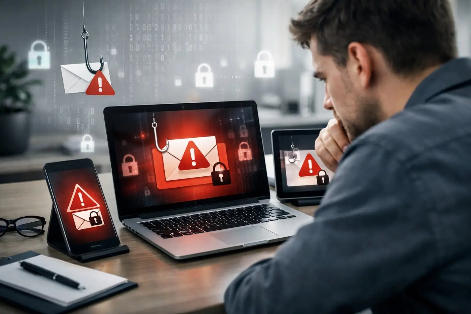 Een persoon die geconcentreerd naar een computerscherm kijkt met waarschuwingen over online fraude en phishing.