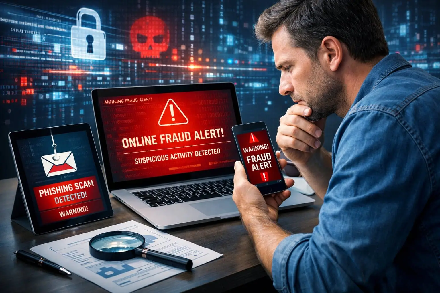 Een persoon die geconcentreerd achter een bureau zit met meerdere digitale apparaten en waarschuwingssymbolen over online fraude en phishing.